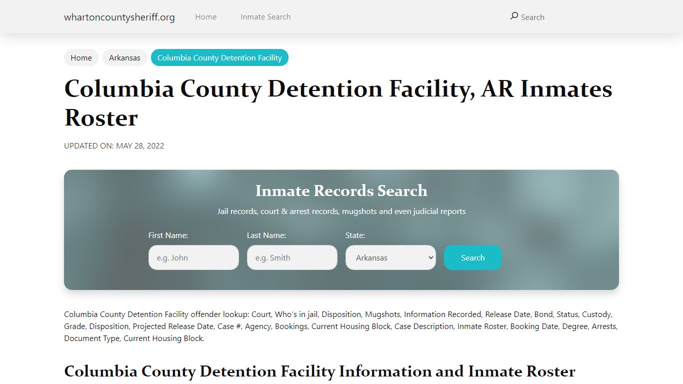 Columbia County Detention Facility, AR Jail Roster, Name ...